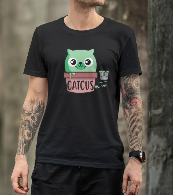 Catcus Cute Green Cat In Pot With Paint Bucket T-Shirt