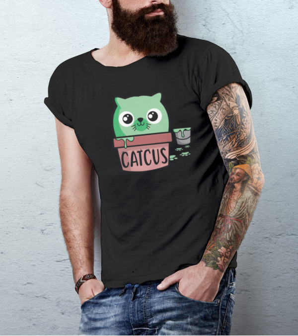 Catcus Cute Green Cat In Pot With Paint Bucket T-Shirt