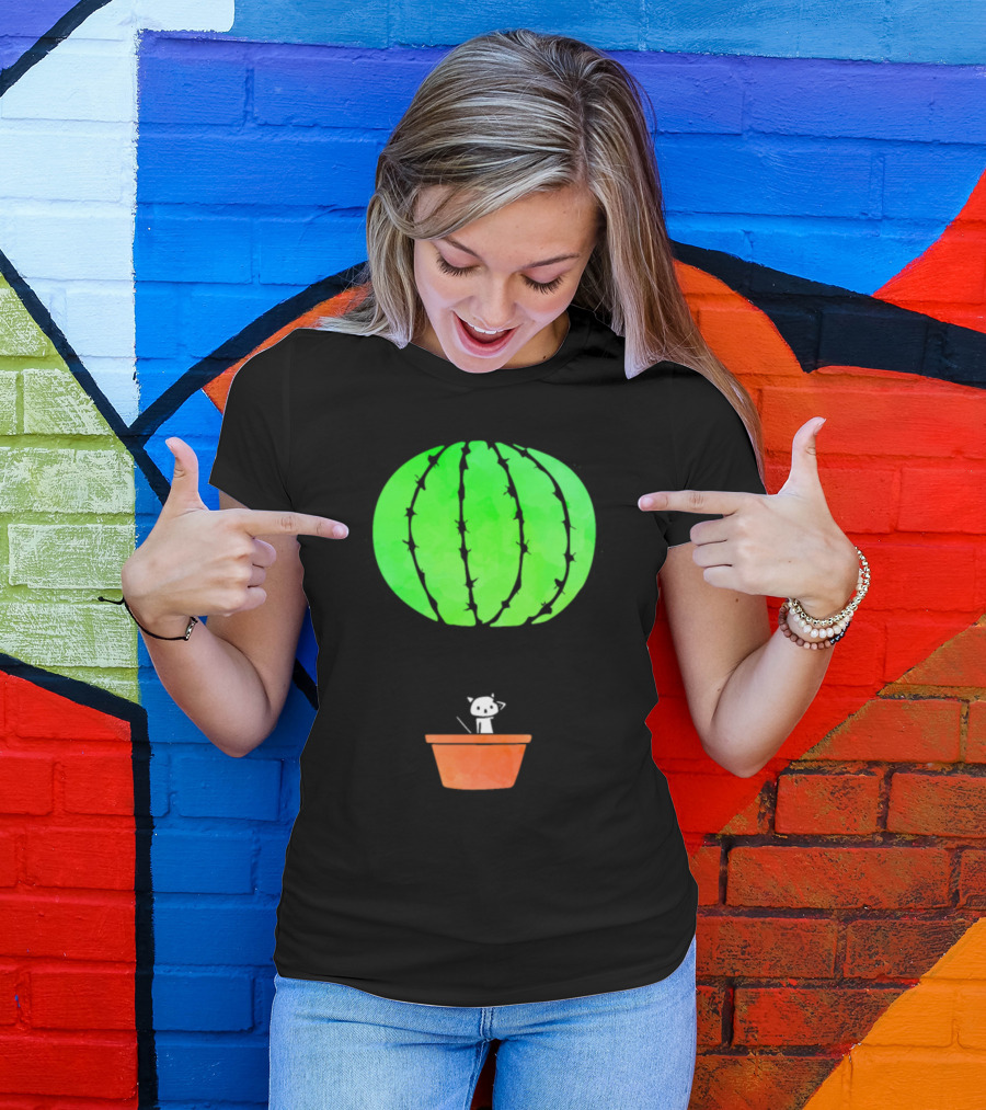 Cute Catcus Balloon With Cat In Cactus Ball Floating Basket T-Shirt
