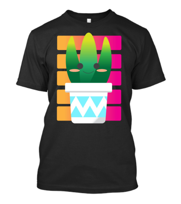 Cute Colorful Succulent Cactus Smiling With Cheeks In Patterned Pot On Gradient Block Background T-Shirt