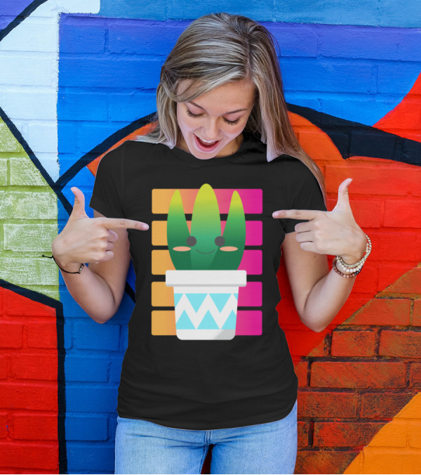 Cute Colorful Succulent Cactus Smiling With Cheeks In Patterned Pot On Gradient Block Background T-Shirt