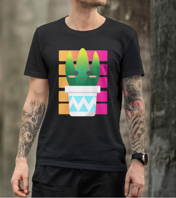 Cute Colorful Succulent Cactus Smiling With Cheeks In Patterned Pot On Gradient Block Background T-Shirt