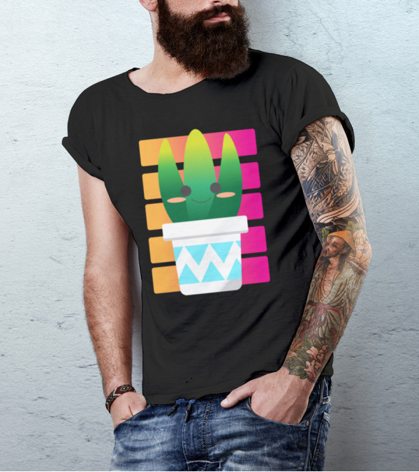 Cute Colorful Succulent Cactus Smiling With Cheeks In Patterned Pot On Gradient Block Background T-Shirt