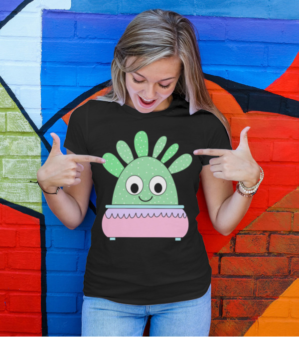 Cheerful Cute Curious Cactus In Adorable Pastel Pot T-Shirt
