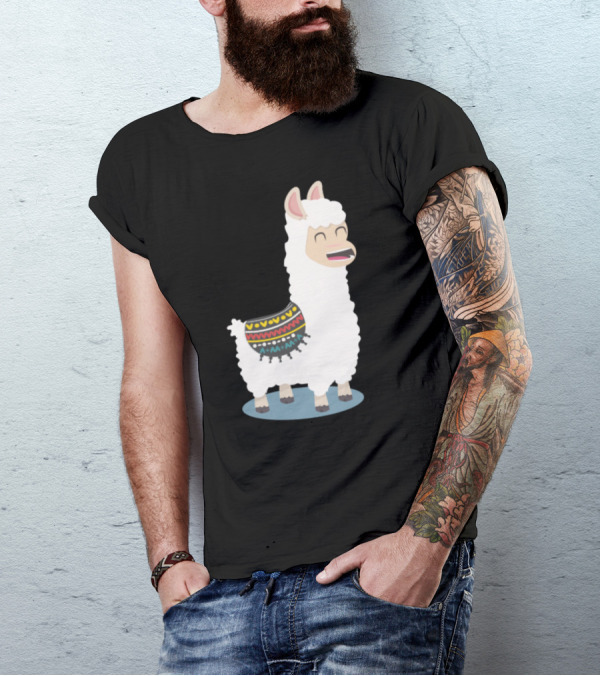 Cute Funny Alpaca With Colorful Blanket Eats Grass T-Shirt
