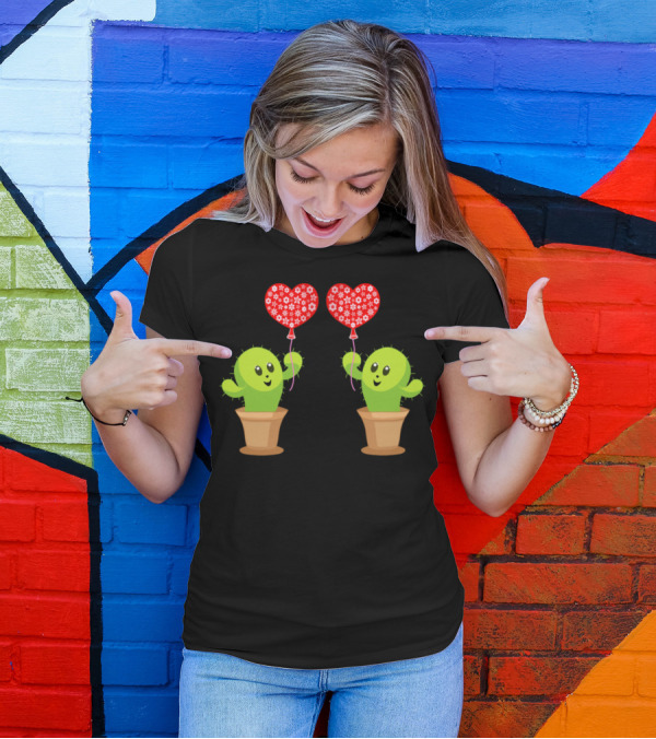 Cute Happy Kawaii Cactus Holding Red Heart Balloons T-Shirt