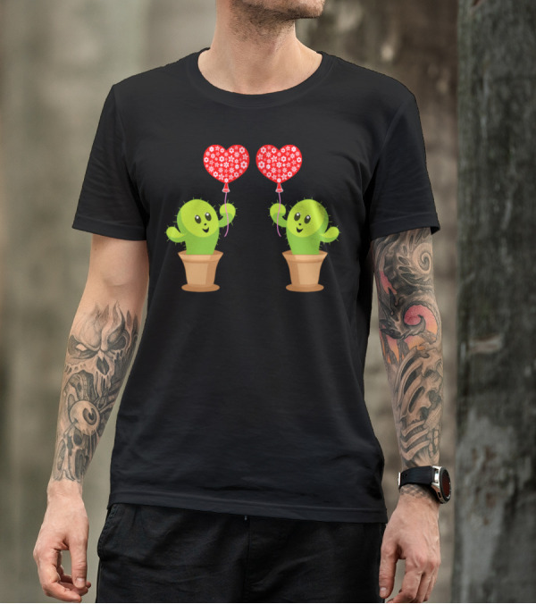 Cute Happy Kawaii Cactus Holding Red Heart Balloons T-Shirt
