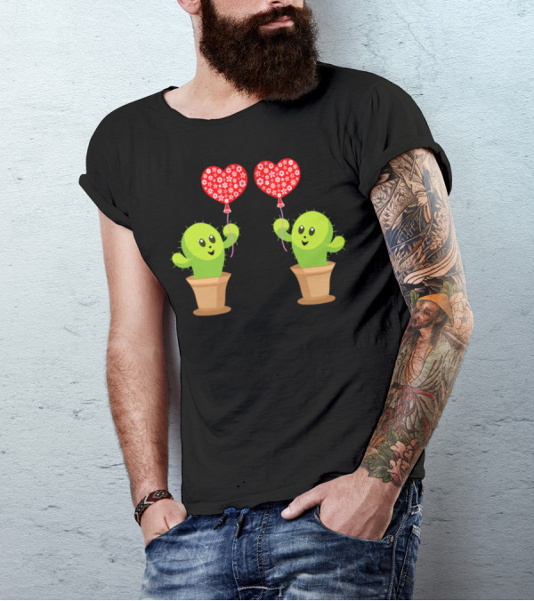 Cute Happy Kawaii Cactus Holding Red Heart Balloons T-Shirt
