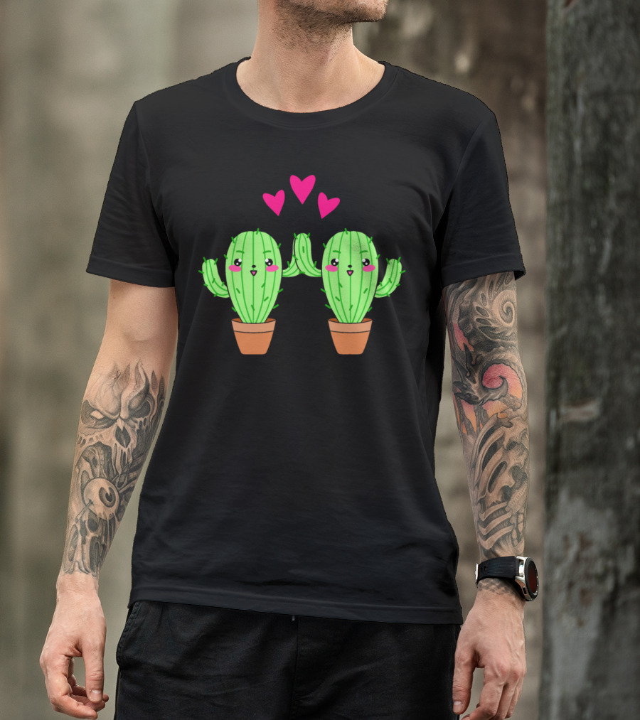 Cute Happy Green Kawaii Potted Cactus Plants With Hearts T-Shirt