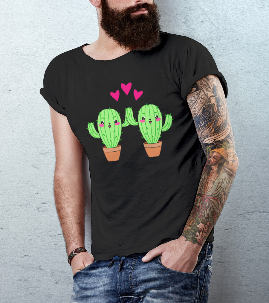 Cute Happy Green Kawaii Potted Cactus Plants With Hearts T-Shirt