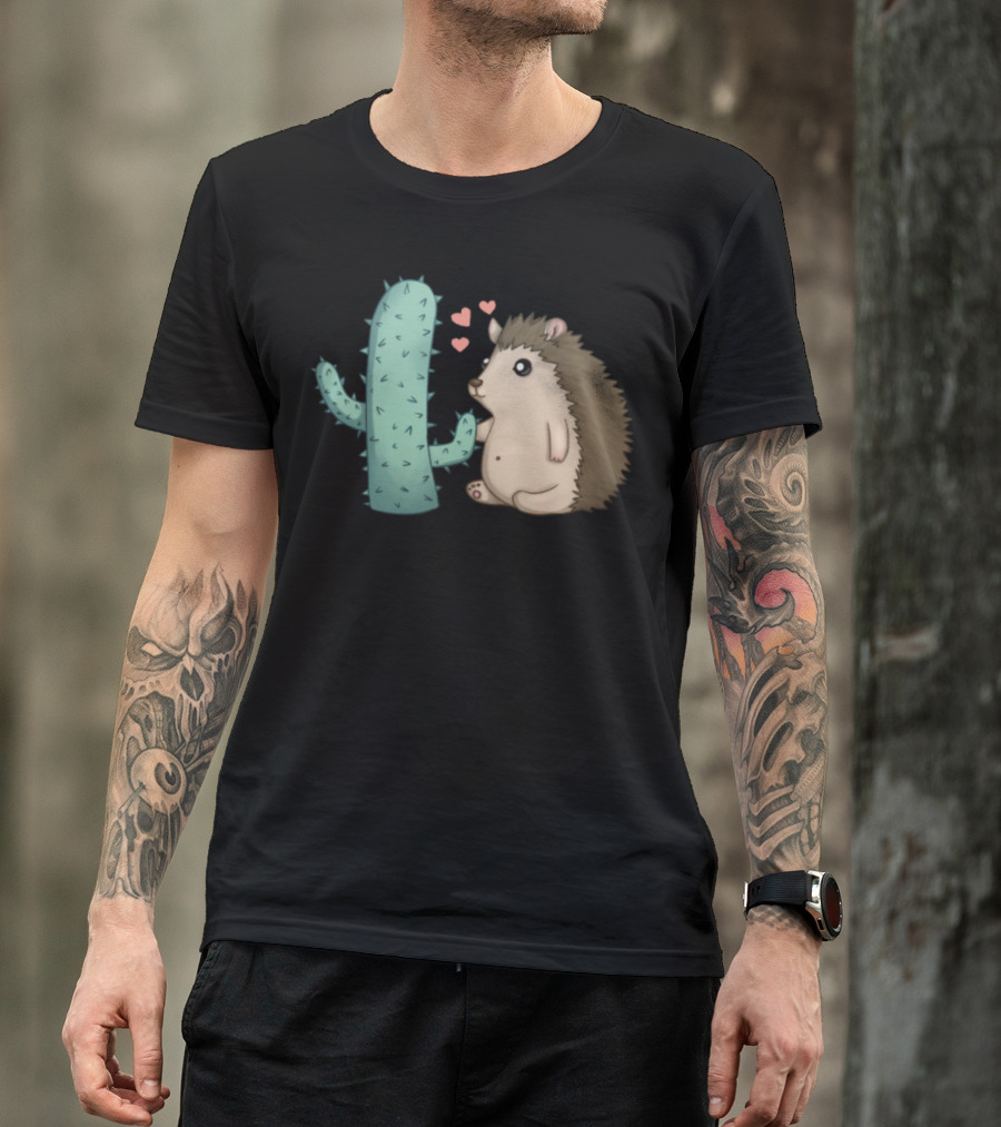 Cute Hedgehog Lover Heart Cactus Scene T-Shirt