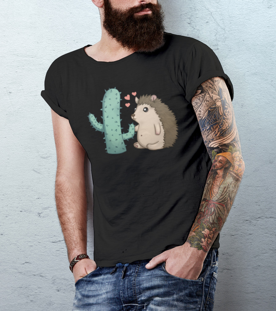 Cute Hedgehog Lover Heart Cactus Scene T-Shirt
