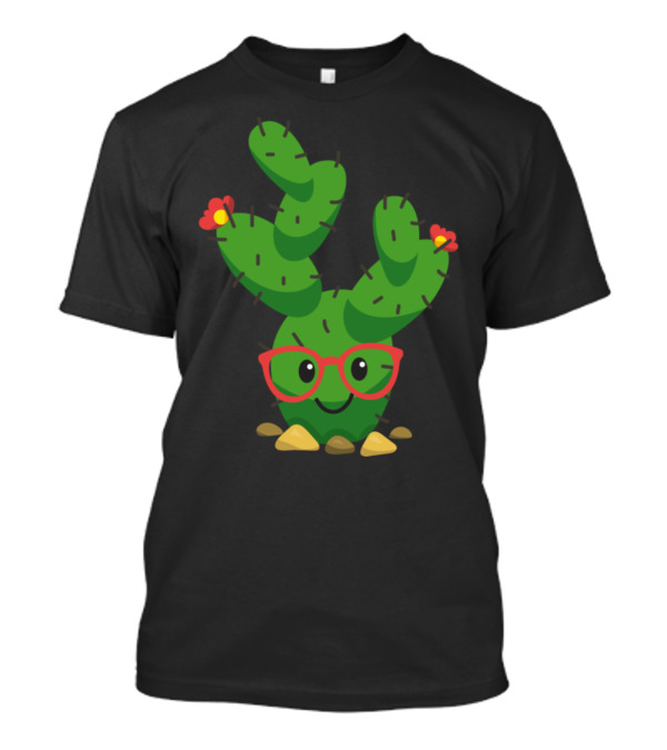 Cute Hipster Cactus With Red Glasses And Flowers T-Shirt