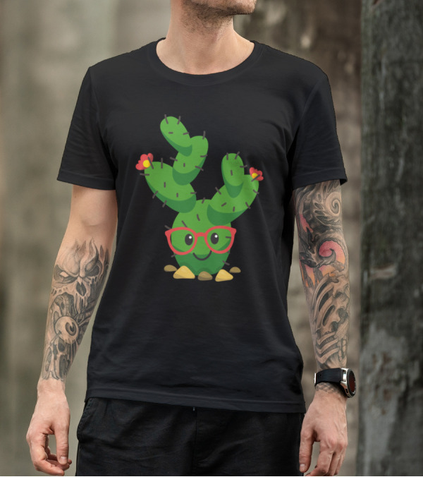 Cute Hipster Cactus With Red Glasses And Flowers T-Shirt
