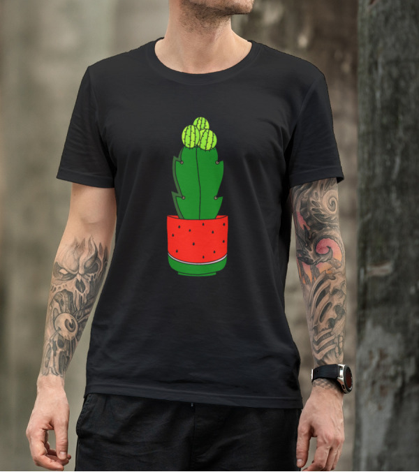 Colorful Cactus Growing In Red Watermelon Plant Pot T-Shirt
