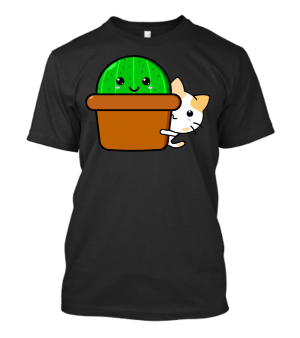 Kawaii Cat Peeking Behind Smiling Cactus In Pot T-Shirt