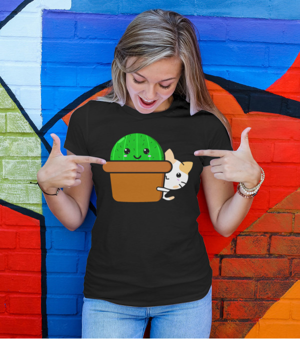 Kawaii Cat Peeking Behind Smiling Cactus In Pot T-Shirt