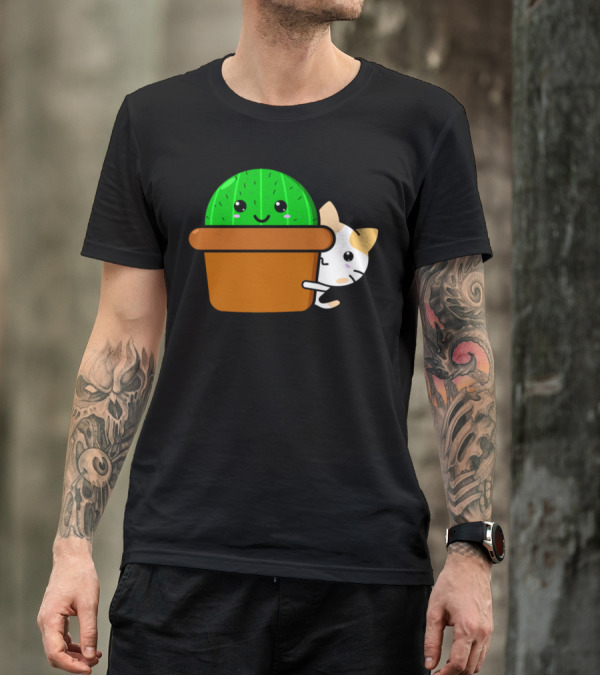 Kawaii Cat Peeking Behind Smiling Cactus In Pot T-Shirt