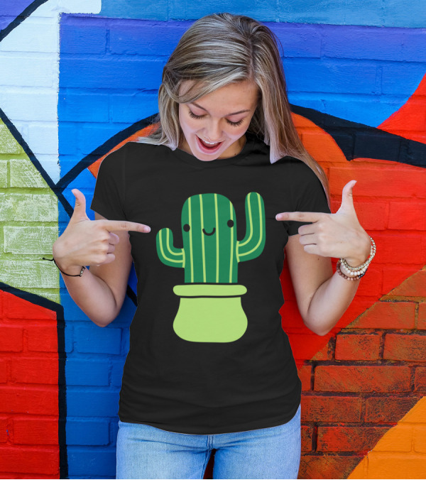 Cute Sweet Little Cactus With Striped Green Pattern And Smiling Face In Pot T-Shirt