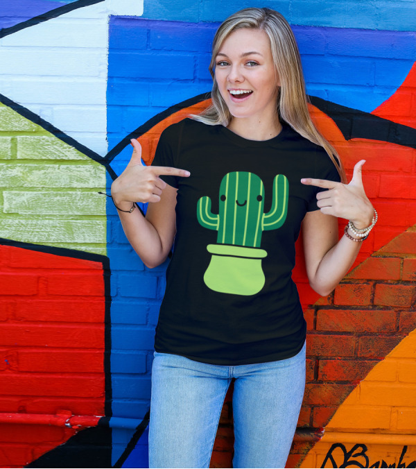 Cute Sweet Little Cactus With Striped Green Pattern And Smiling Face In Pot T-Shirt
