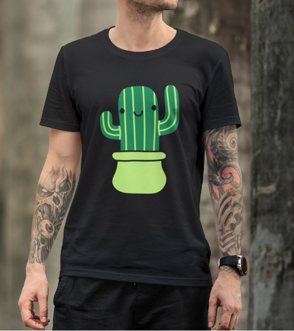 Cute Sweet Little Cactus With Striped Green Pattern And Smiling Face In Pot T-Shirt