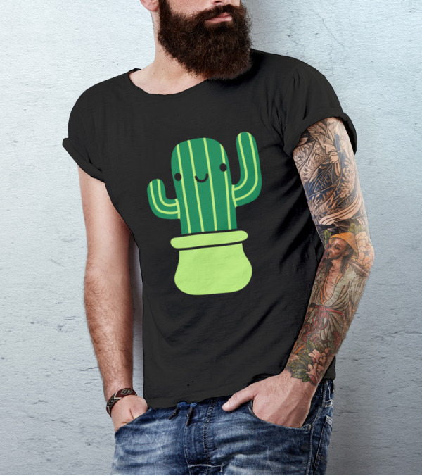 Cute Sweet Little Cactus With Striped Green Pattern And Smiling Face In Pot T-Shirt