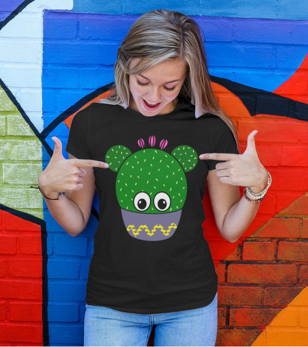 Cute Round Cactus With Big Eyes And Pink Flower Details In A Patterned Bowl T-Shirt