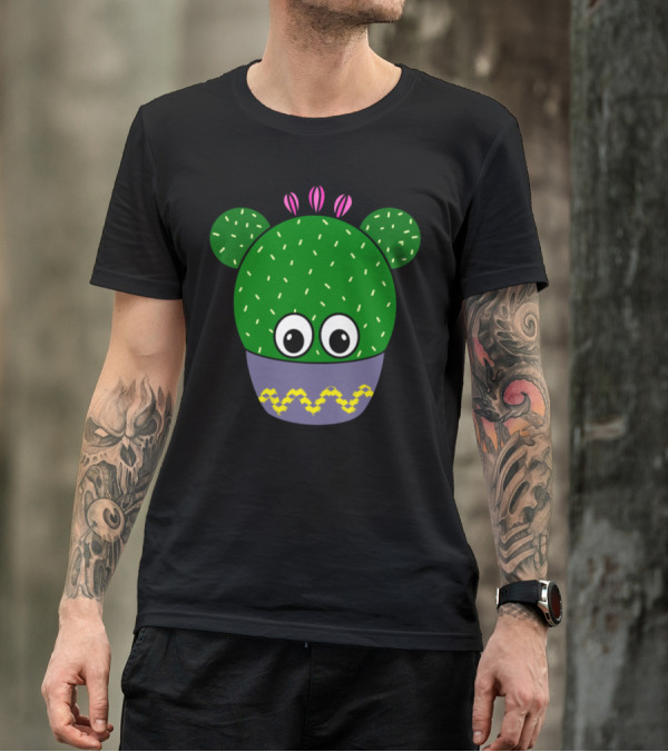 Cute Round Cactus With Big Eyes And Pink Flower Details In A Patterned Bowl T-Shirt