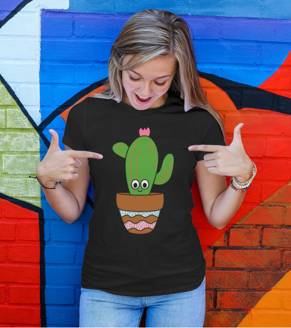 Cute Saguaro With Pink Flower In Colorful Terracotta Pot T-Shirt