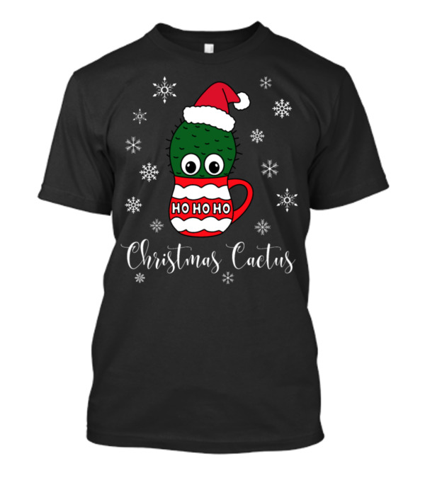 Christmas Cactus Ho Ho Ho Santa Hat Snowflakes T-Shirt