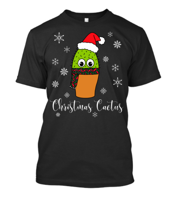 Christmas Cactus Cute Cactus With Santa Hat And Snowflakes T-Shirt