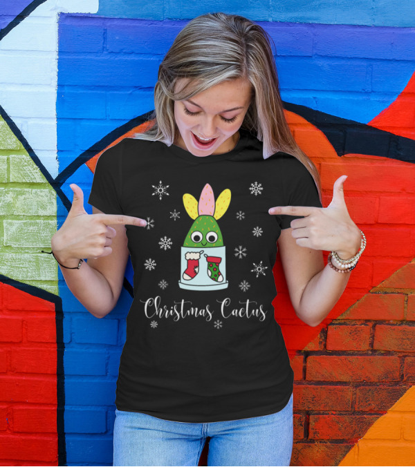 Whimsical Christmas Cactus With Festive Stockings And Snowflakes T-Shirt