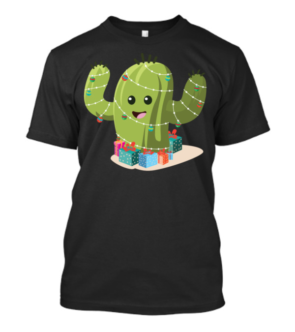 Christmas Cactus Wrapped In Lights With Ornaments And Gifts T-Shirt