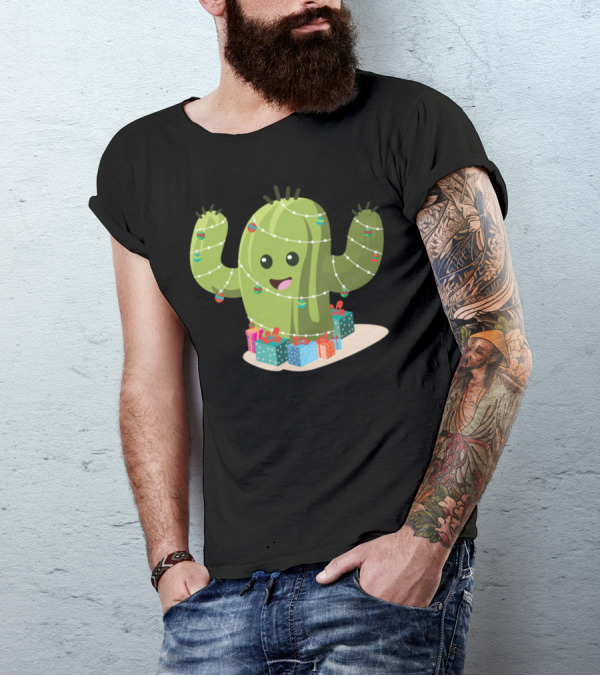 Christmas Cactus Wrapped In Lights With Ornaments And Gifts T-Shirt