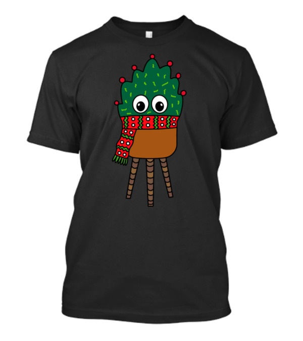 Christmas Cactus Wearing Festive Scarf With Cheerful Eyes T-Shirt