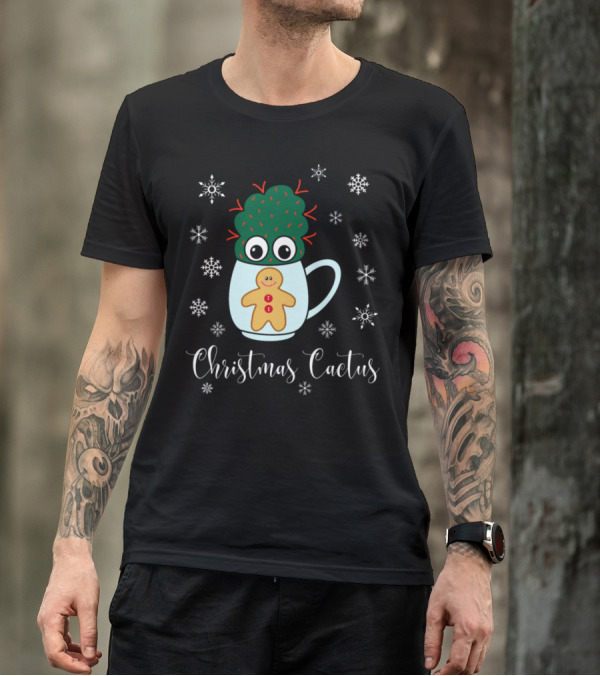 Christmas Cactus With Red Spikes Mug Gingerbread And Snowflakes T-Shirt