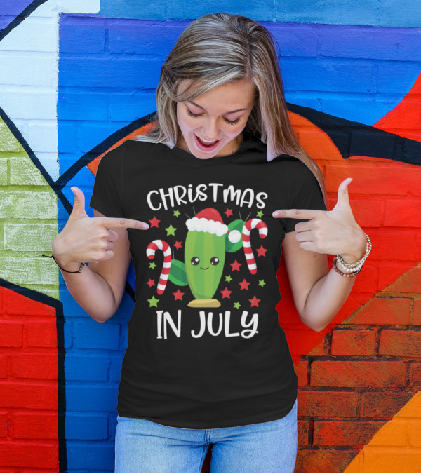Christmas In July Cute Cactus Santa And Candy Canes T-Shirt