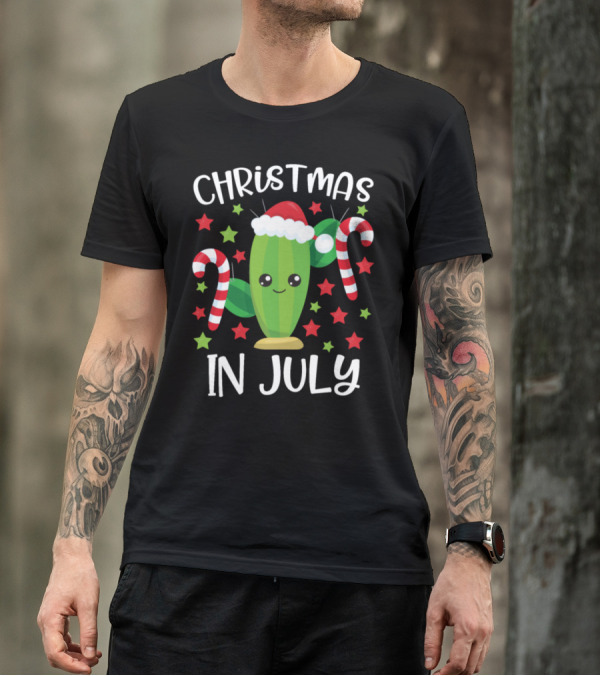 Christmas In July Cute Cactus Santa And Candy Canes T-Shirt