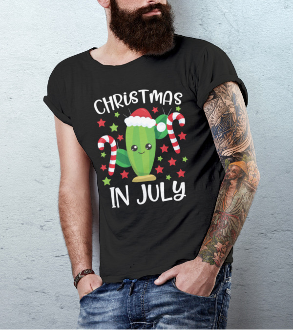 Christmas In July Cute Cactus Santa And Candy Canes T-Shirt