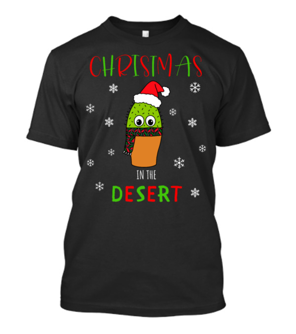 Christmas In The Desert Cute Cactus Santa Hat And Snowflakes T-Shirt