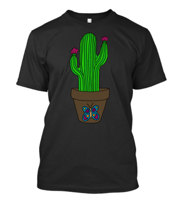 Desert Cactus Blooms In Butterfly Embellished Pot T-Shirt