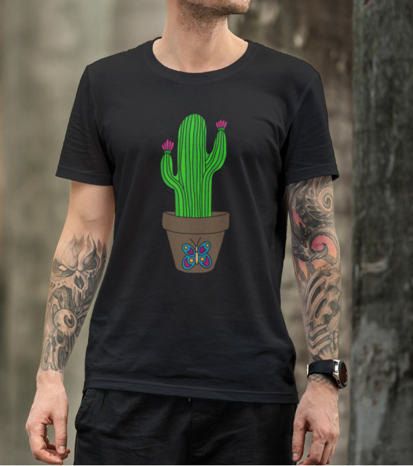 Desert Cactus Blooms In Butterfly Embellished Pot T-Shirt