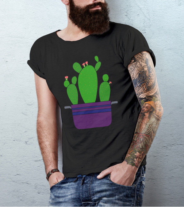 Dinnertime Flowertime Cacti In Purple Pot With Blossoms T-Shirt