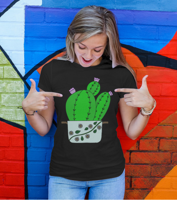 Echinocereus Cacti With Blooms Decorated Pot With Daisies T-Shirt