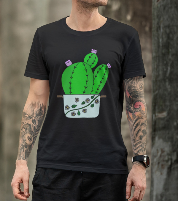 Echinocereus Cacti With Blooms Decorated Pot With Daisies T-Shirt