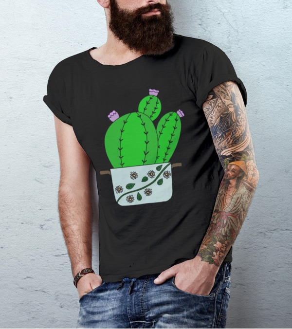 Echinocereus Cacti With Blooms Decorated Pot With Daisies T-Shirt