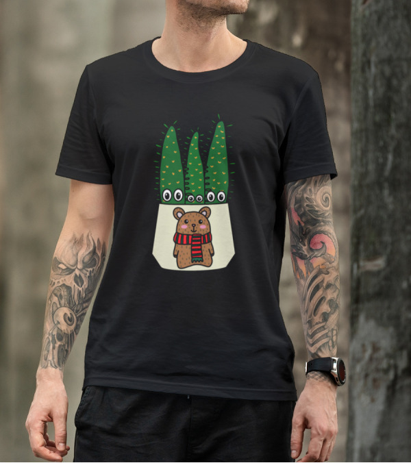 Eves Pin Cacti With Eyes In Christmas Scarf Bear Pot T-Shirt