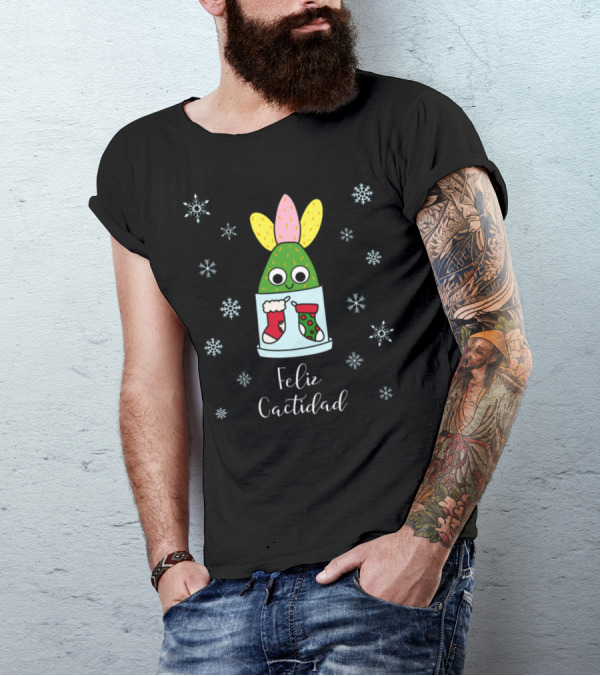 Feliz Cactidad Cactus With Stockings And Snowflakes T-Shirt