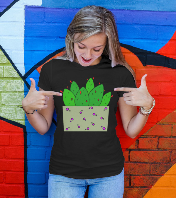 Fleshy Red Flower Cactuses In Speckled Planter Box T-Shirt