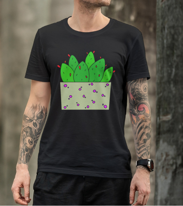 Fleshy Red Flower Cactuses In Speckled Planter Box T-Shirt